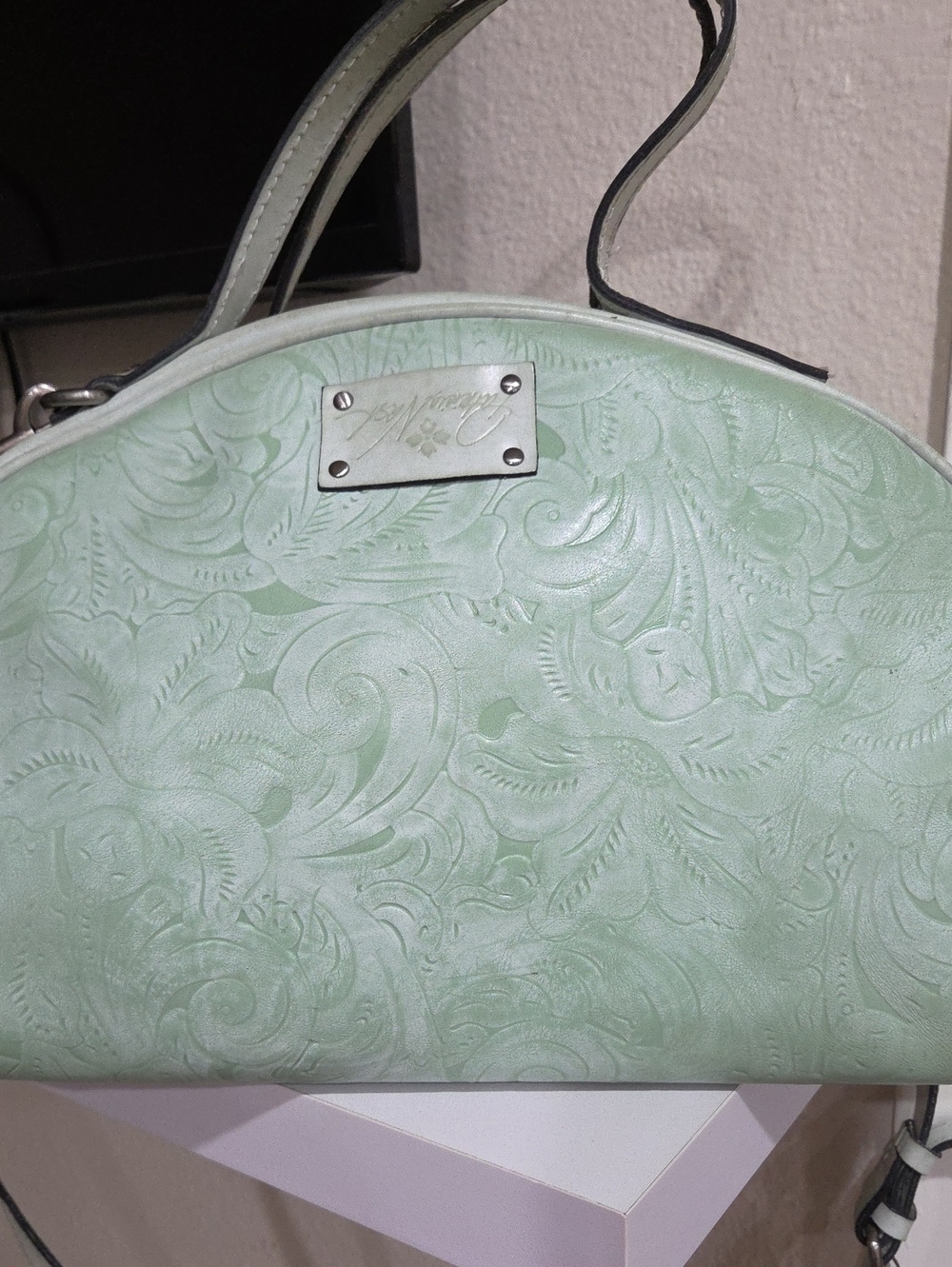 Patricia Nash Distressed LeatherEmbossed Mint Green Dome Shoulder Bag Top Handle